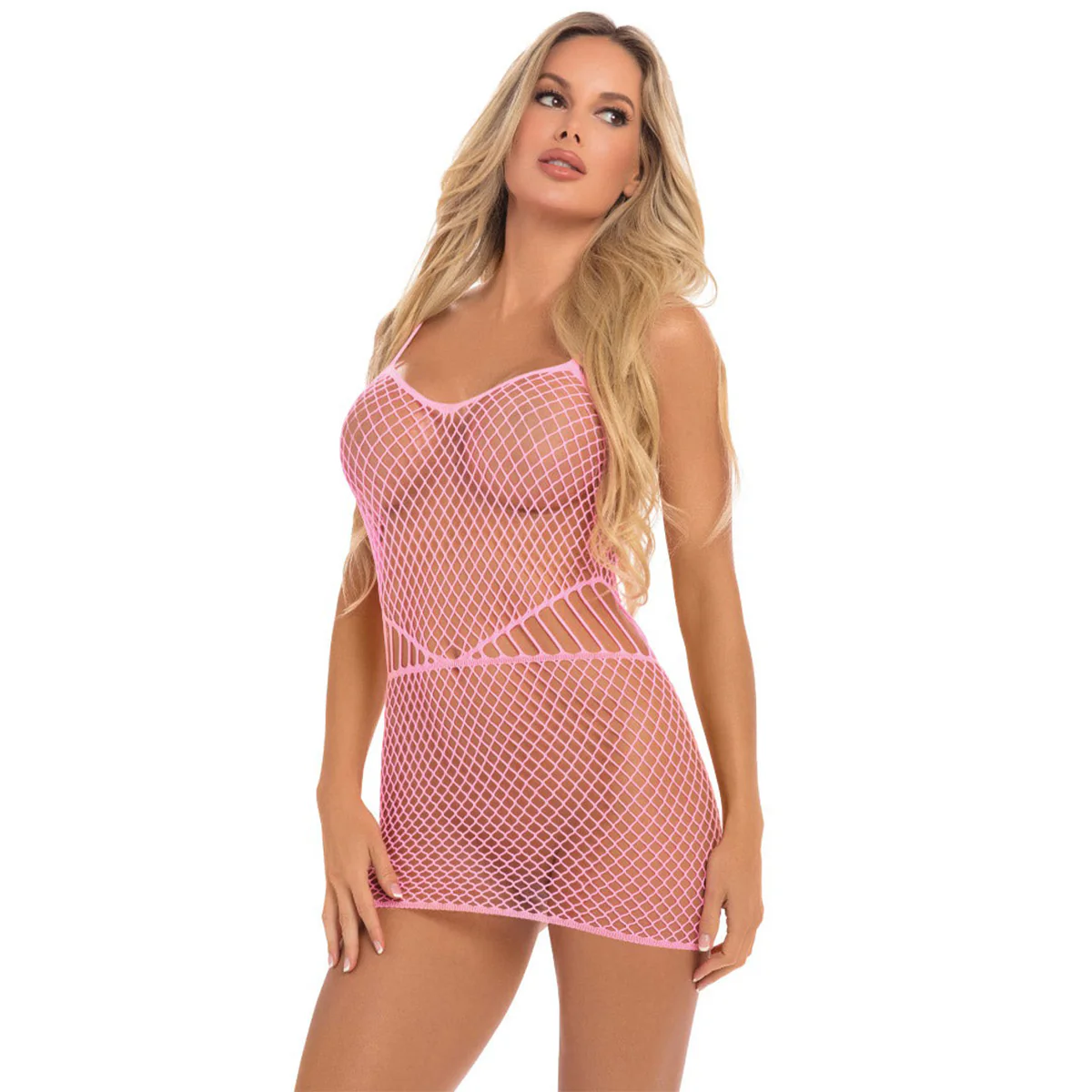 Pink Lipstick Roll Up Net Mini Dress – Pink – One Size
