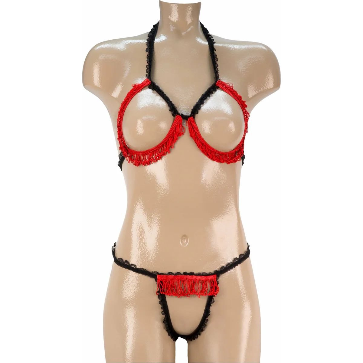 Sexy 2 PC Open Bra & Crotchless Panty Set - Black with Red - O/S