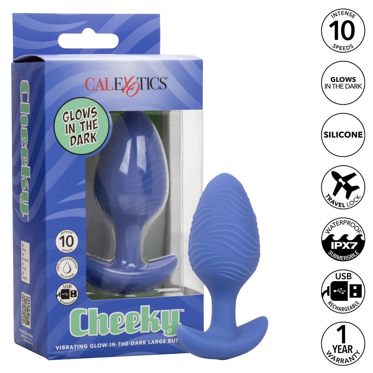 CaleXOtics Cheeky Vibrating Glow in The Dark Large Butt Plug - Blue