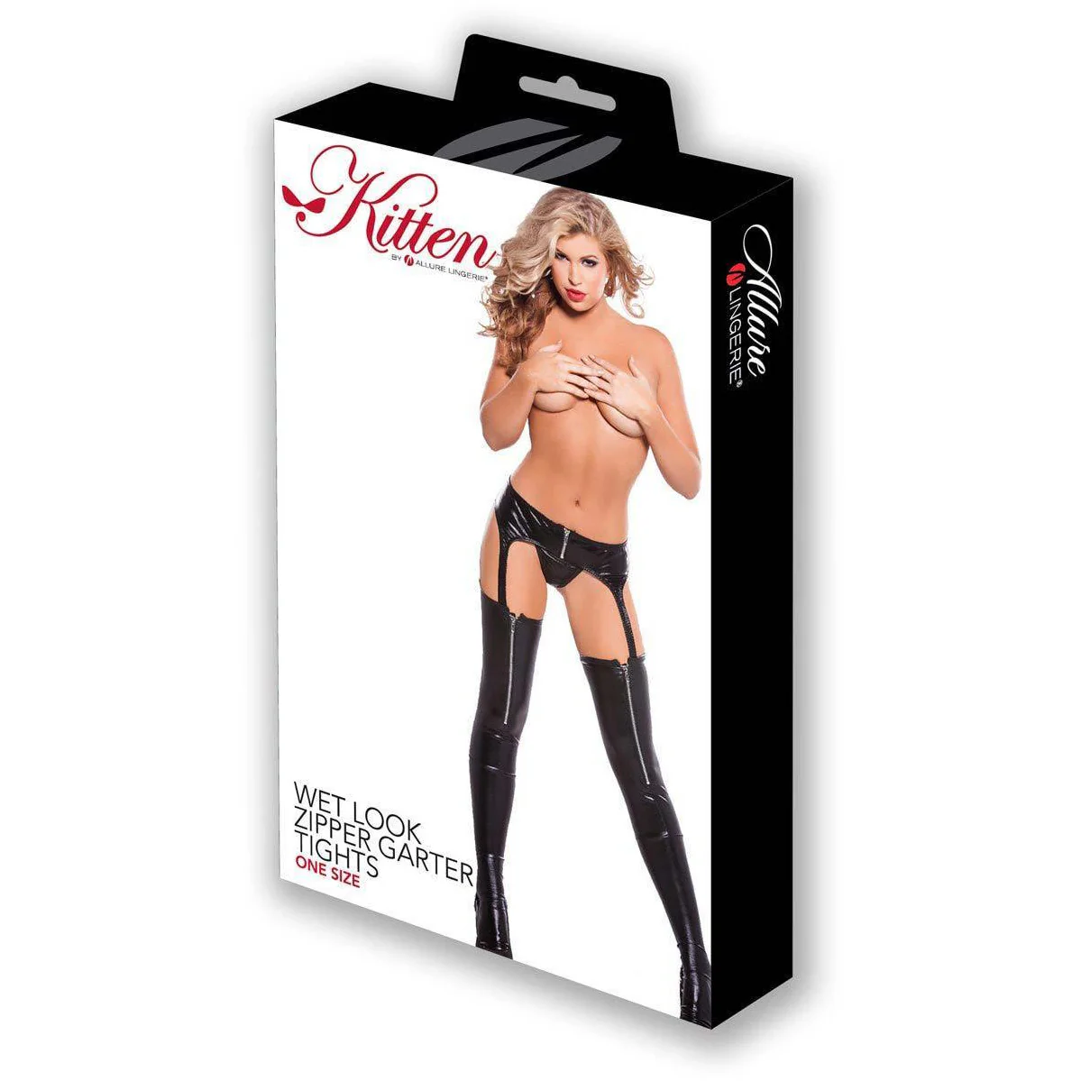 Allure Kitten - Wetlook Zipper Garter Tights - Black - O/S
